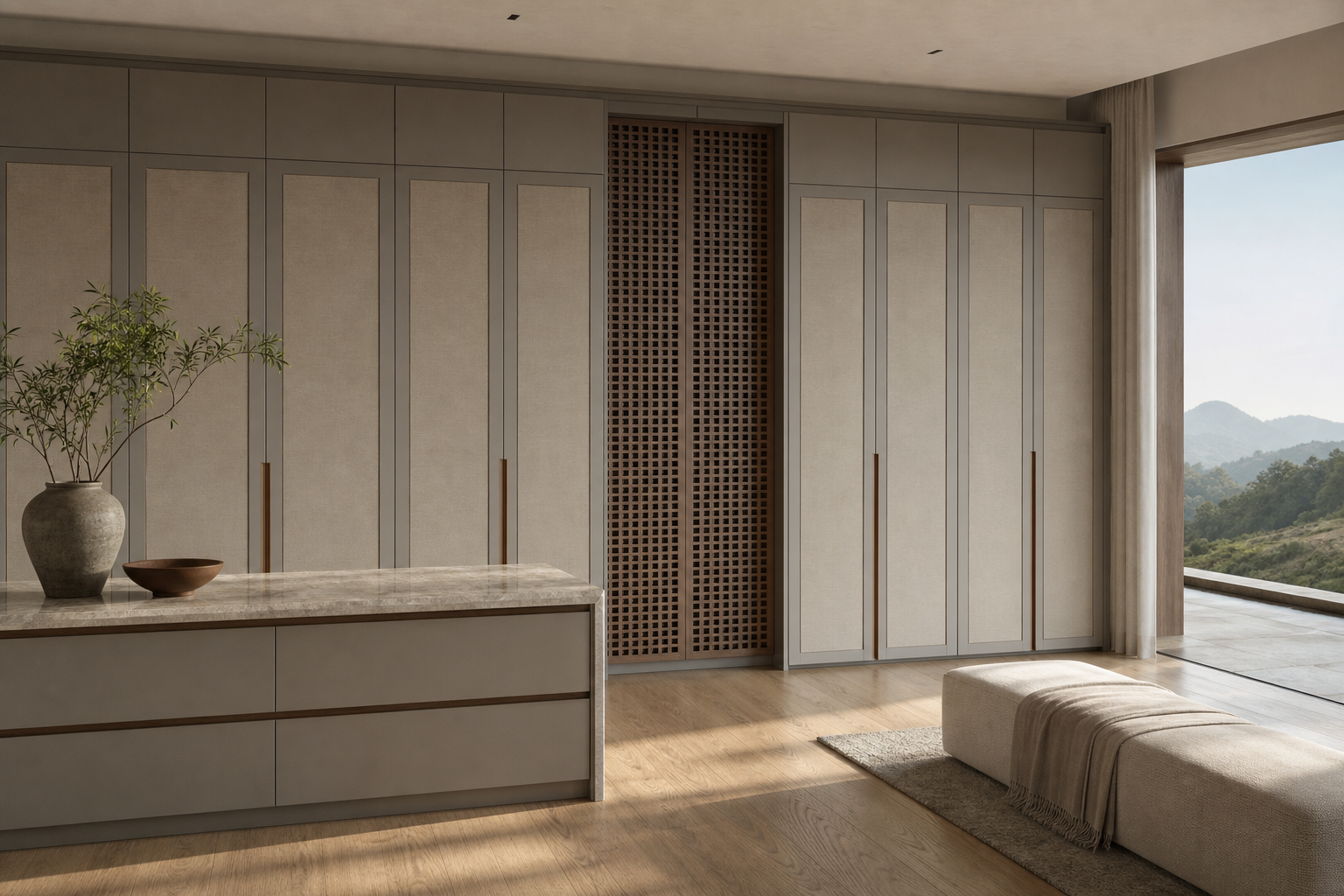 Fadior Onyx Wardrobe Suite with Shadow Lattice Dressing Bay — lifestyle setting with natural light and residential styling