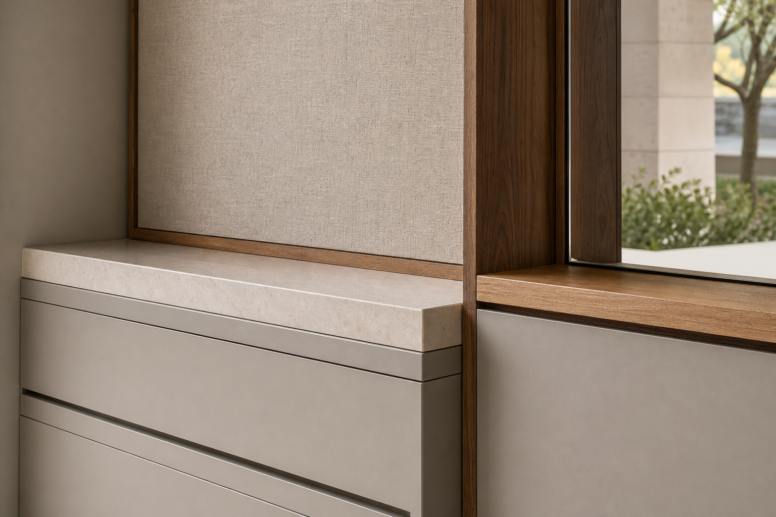 Fadior Ecliptic Entryway Suite with Floating Valet Mirror Pier — close-up of stainless steel finish and hardware detail