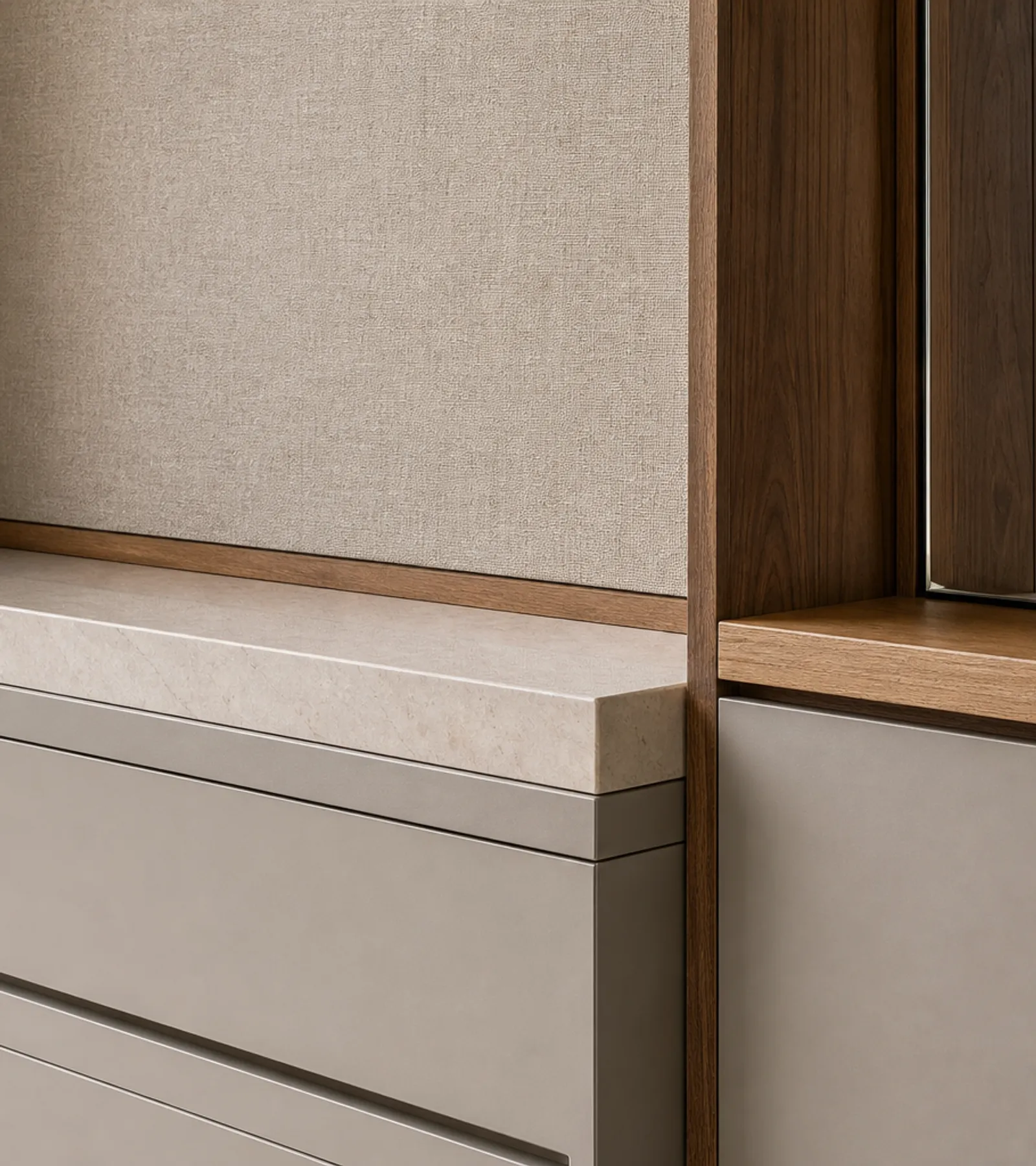 Fadior Ecliptic Entryway Suite with Floating Valet Mirror Pier — close-up of stainless steel finish and hardware detail