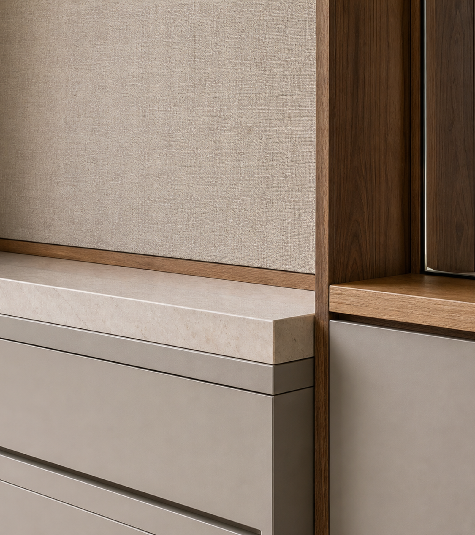Fadior Ecliptic Entryway Suite with Floating Valet Mirror Pier — close-up of stainless steel finish and hardware detail