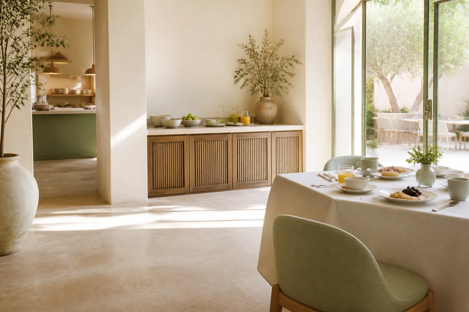 Quiet hotel breakfast setting beside an orderly ivory kitchen under soft morning light.