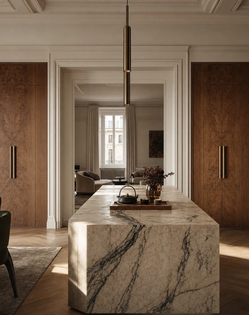 Suite de cocina Silkstone con bahía de despensa para té Tambour perspectiva interior