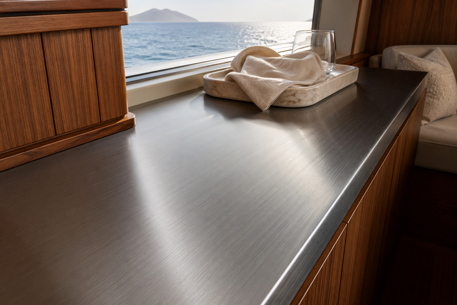 Fadior Caribbean Explorer Yacht — brushed stainless surface, stone tray, teak panel, window light