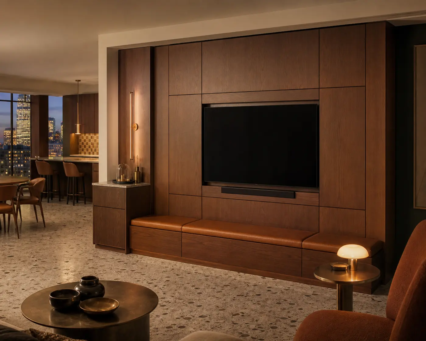 Fadior stainless steel living room media wall with display shelving and concealed storage
