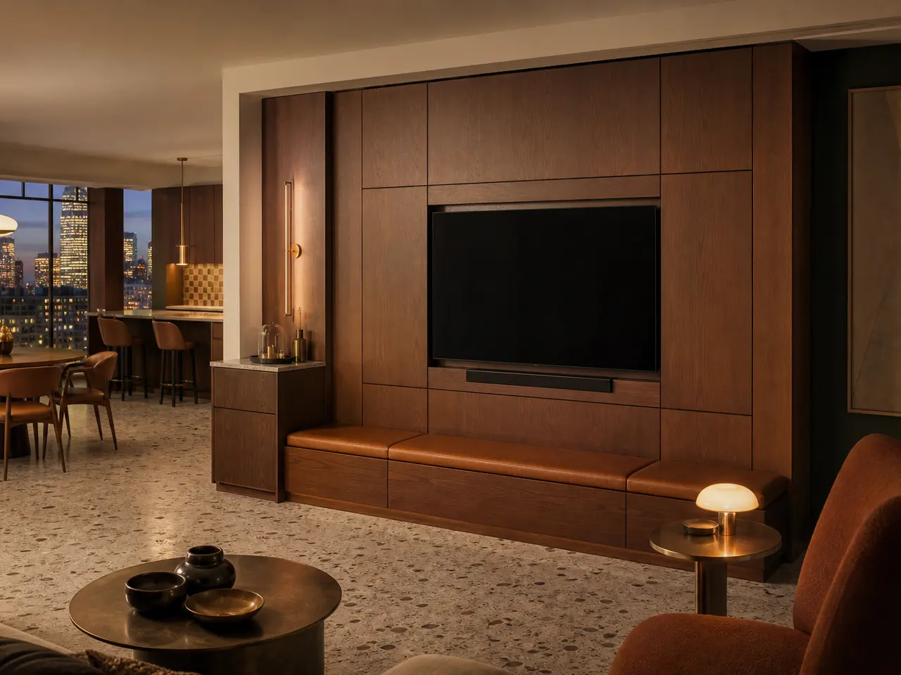 Fadior Patina Living Room Suite with Countertop Utility Media Pier - stainless steel living room cabinetry with media storage, display shelving, concealed devices, and residential finishes
