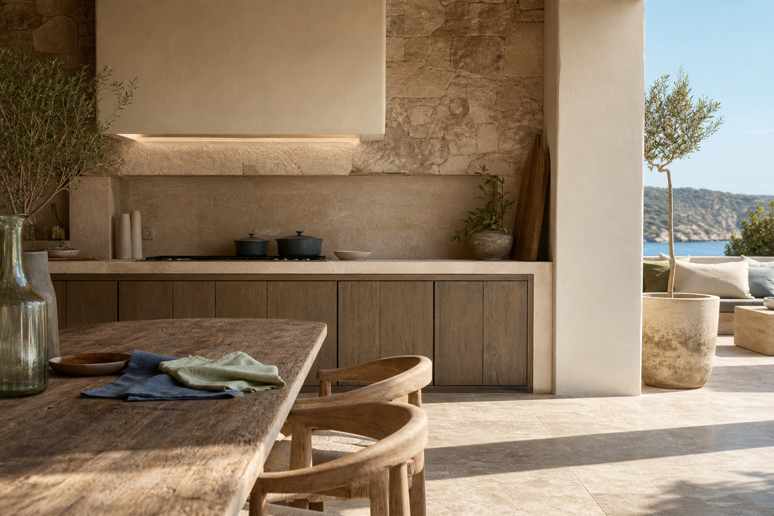 Calm residential kitchen context with limestone, teak, and soft terrace light for range planning.