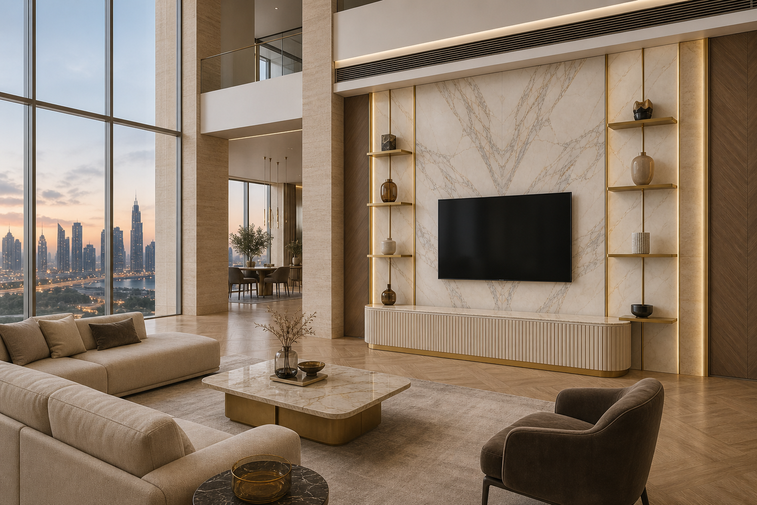 Fadior Galleria Living Room Suite with Fluted Stone Shelving Wall — interior room context showing cabinet integration