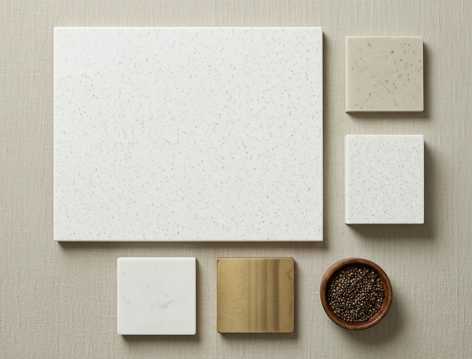 Engineered Quartz Composite Countertop material palette with complementary finishes