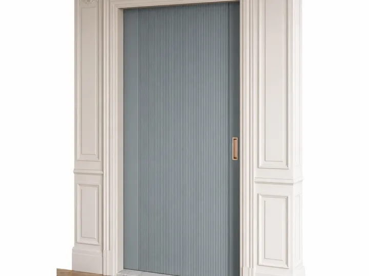 Fadior Silhouette Interior Door Suite with Reeded Slate Pocket Door — 304 stainless steel interior door system, front view