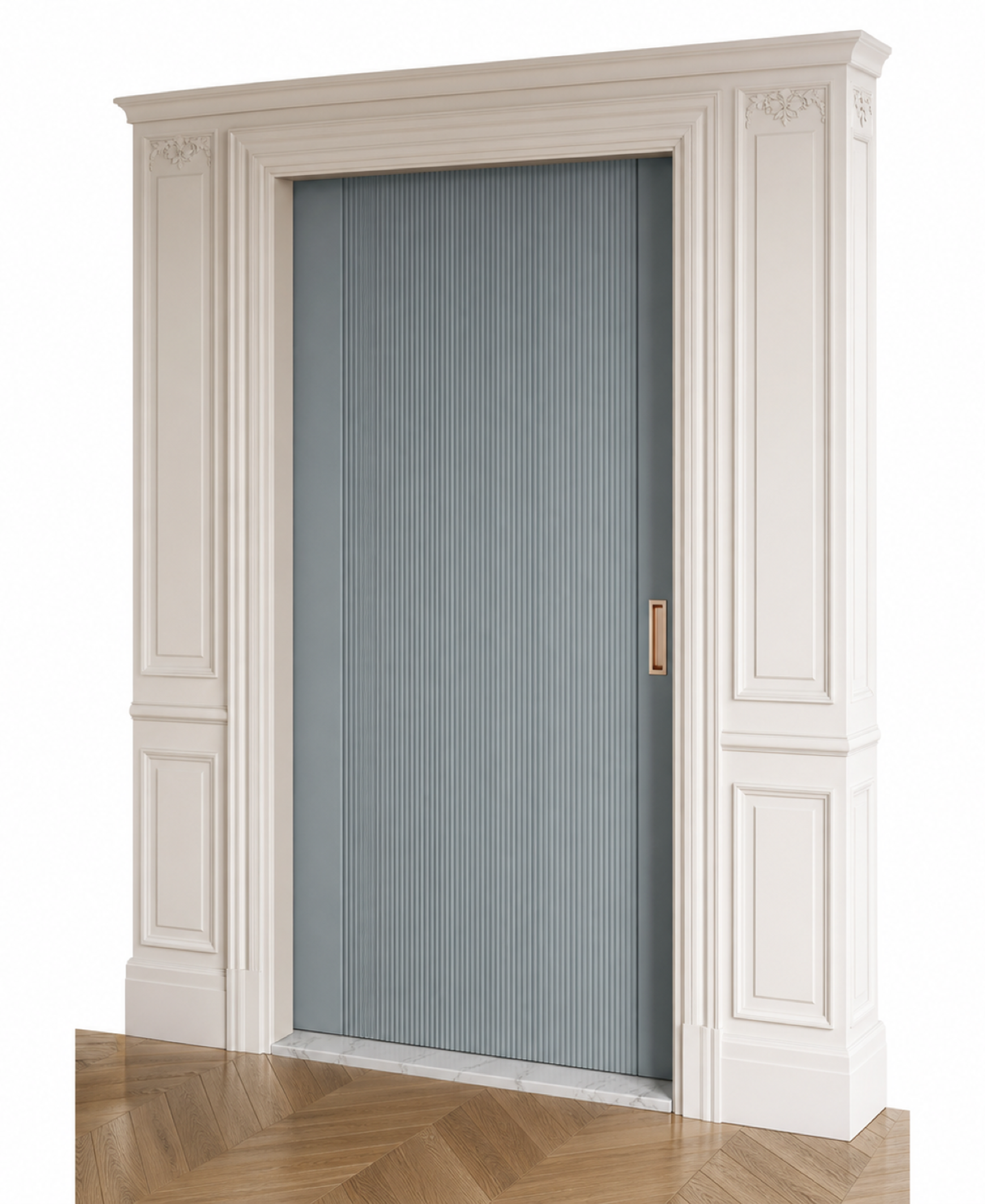 Fadior Silhouette Interior Door Suite with Reeded Slate Pocket Door — 304 stainless steel interior door system, front view