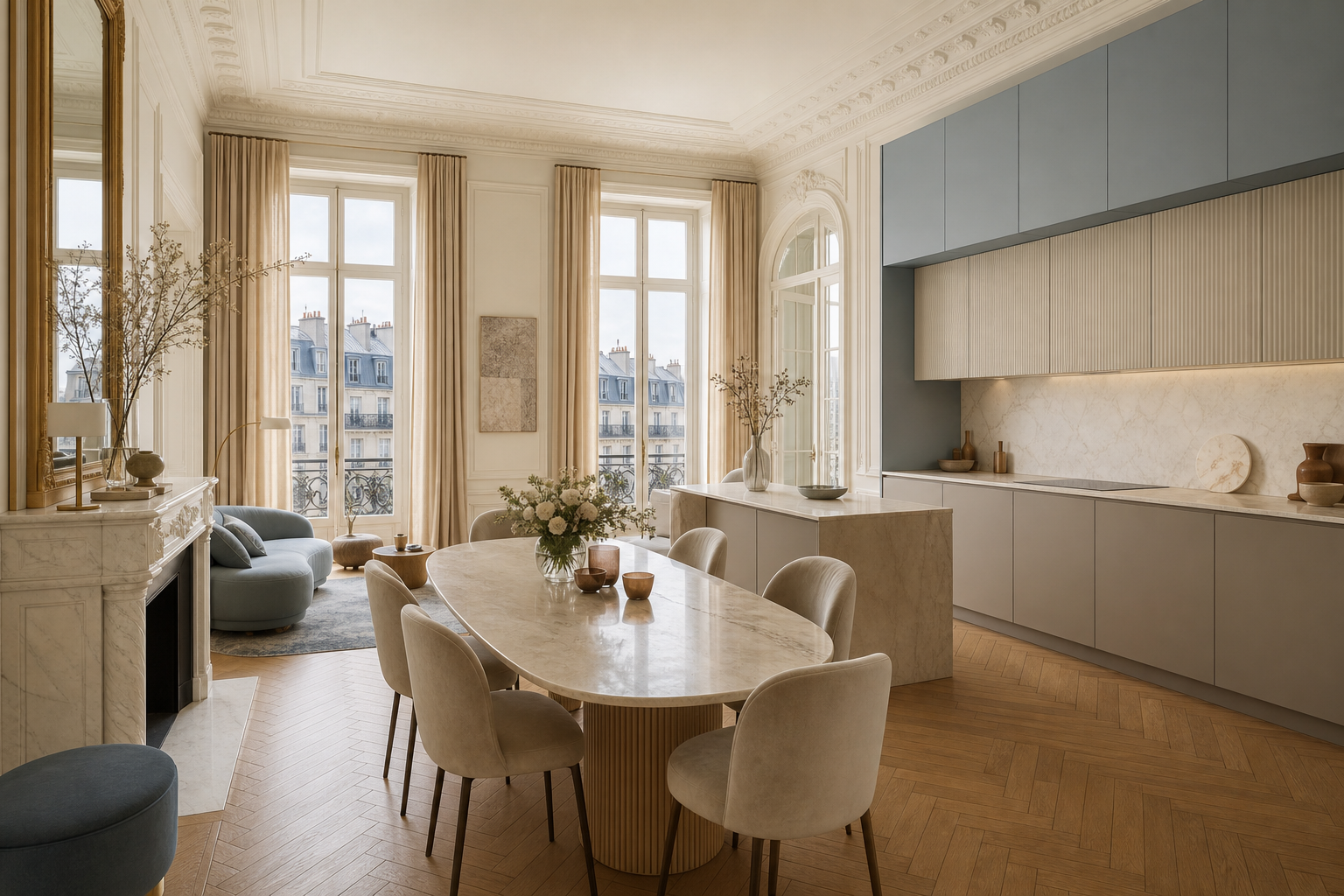 Lifestyle context: refined apartment kitchen open to dining for family entertaining.