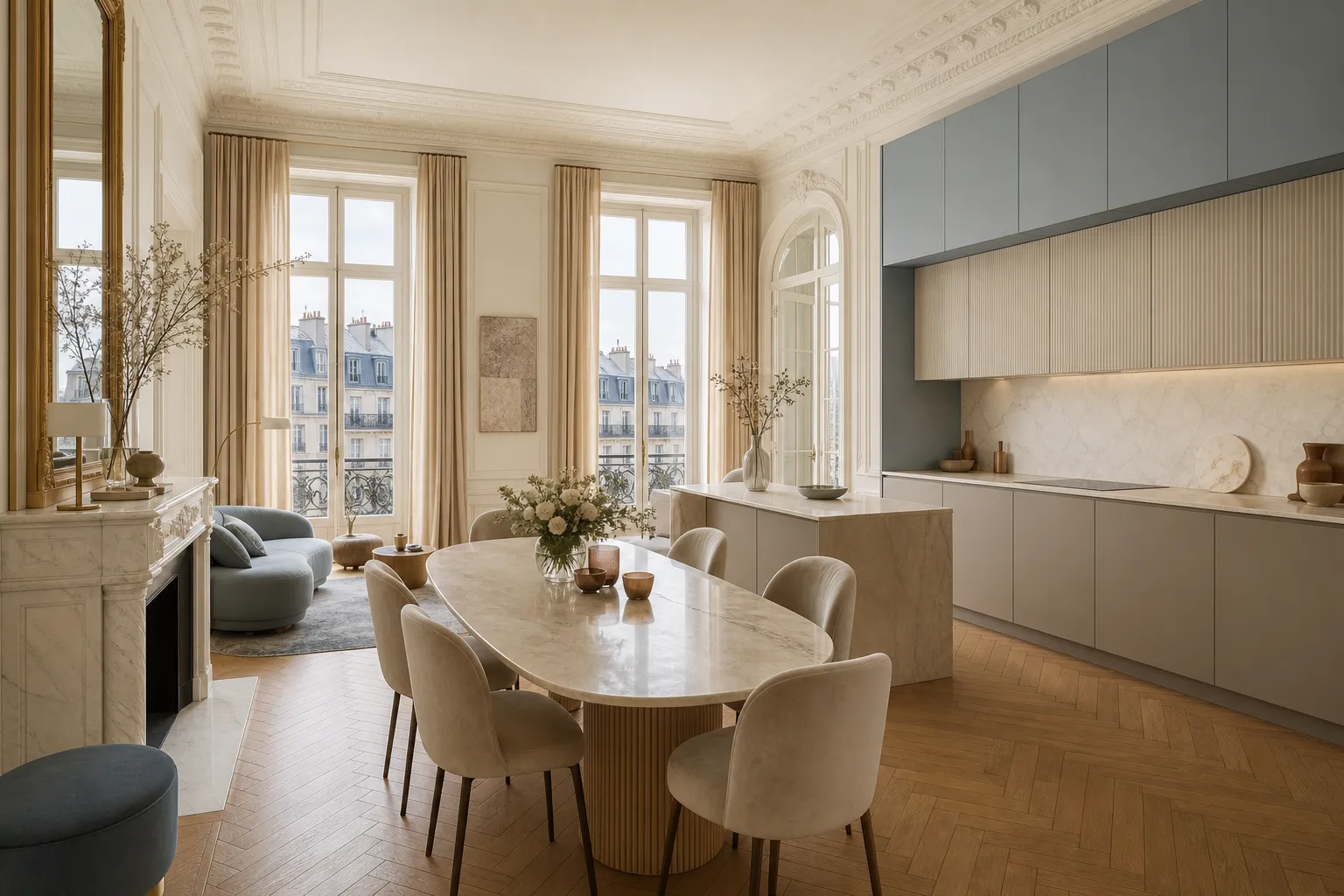 Lifestyle context: refined apartment kitchen open to dining for family entertaining.