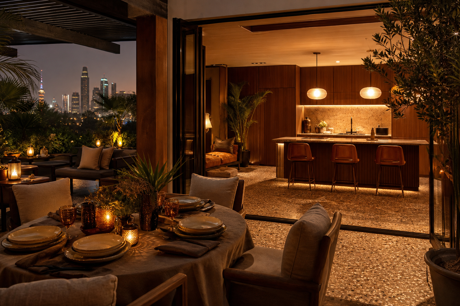 Fadior Kuwait City 85 sqm Kitchen Villa — Kuwait City garden dining terrace with kitchen window, walnut table, glass doors,
