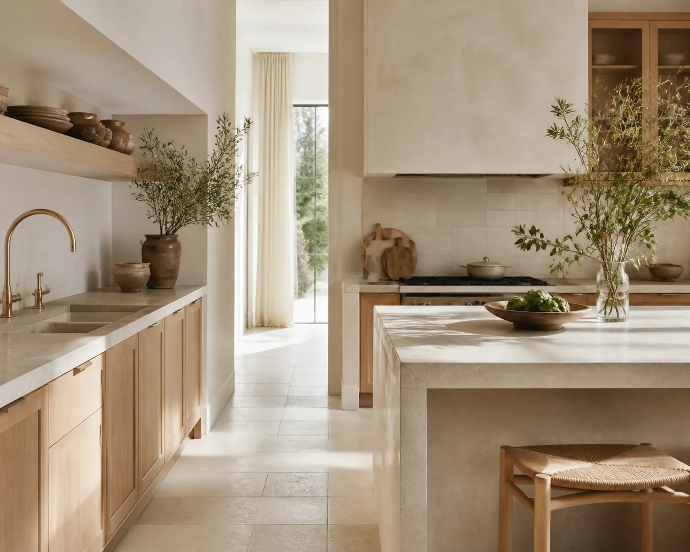 Layered hospitality kitchen palette of warm ivory panels, pale stone floor and soft sage accents.