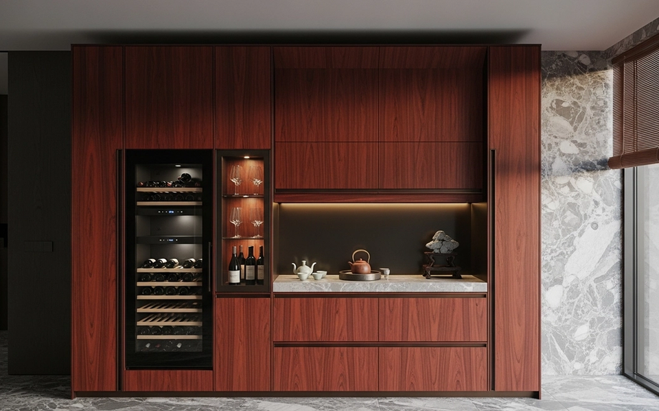 Coastal light linen kitchen lifestyle view — 304 stainless steel cabinetry installation by Fadior