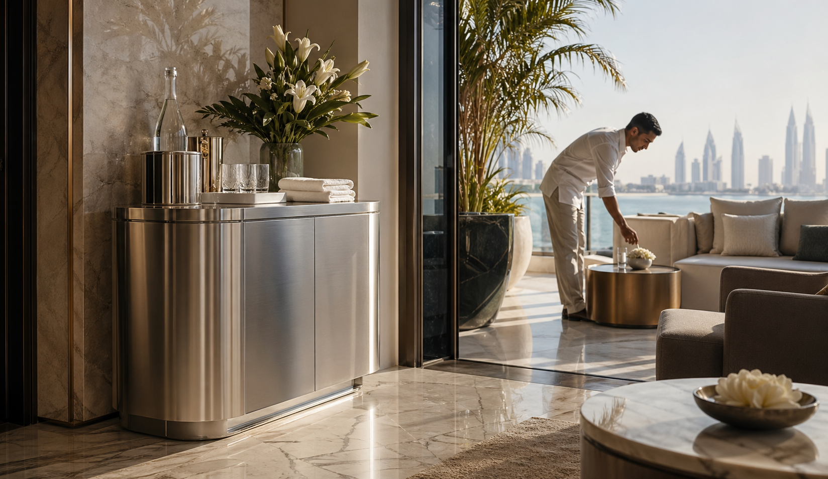 Fadior Dubai Boutique Suite Hotel — stainless console, palm terrace, marble floor, skyline light