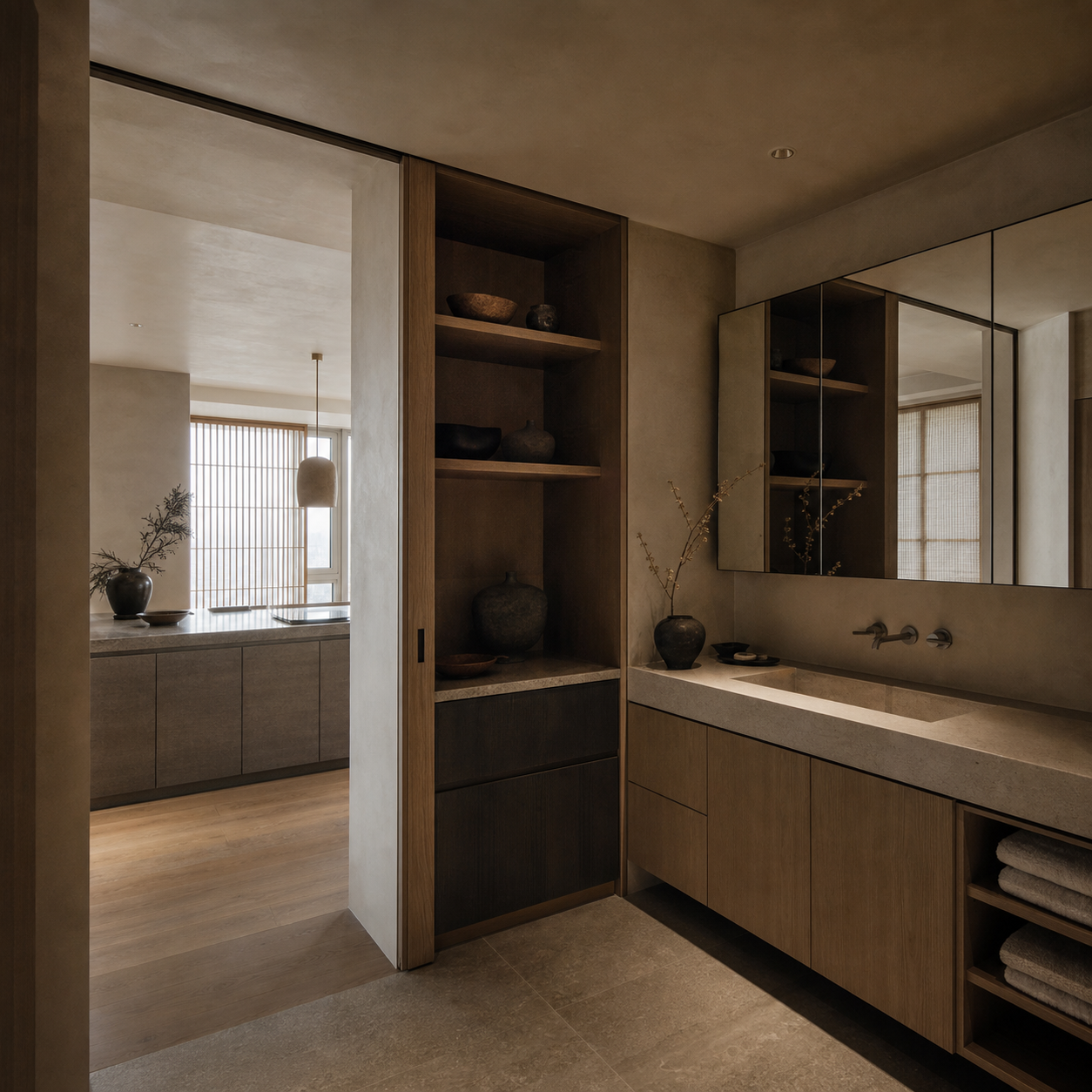 Fadior Shanghai 200 sqm Kitchen Penthouse — Shanghai pantry and bath vanity with cabinet base, stone counter, mirror, open shelves, towels, and kitchen doorway
