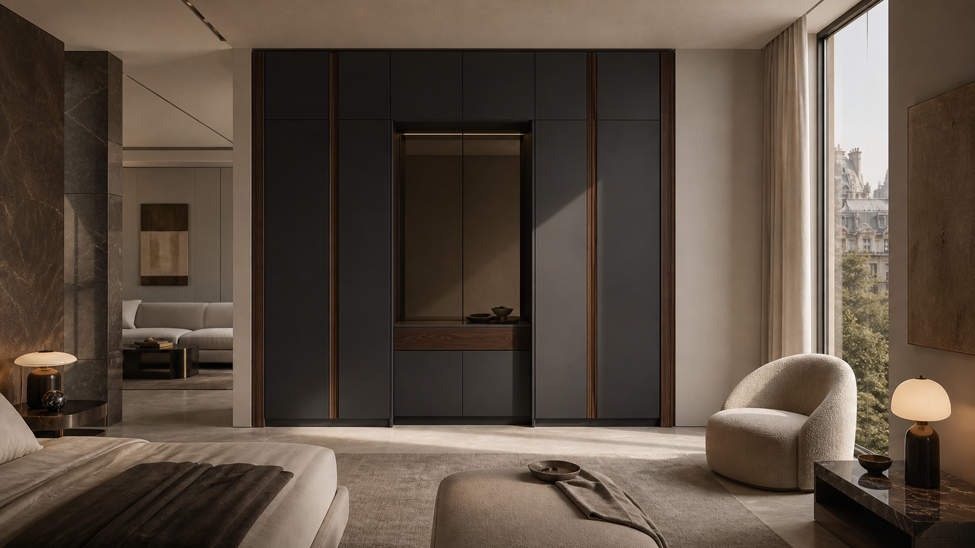 Fadior Onyx Wardrobe Suite with Smoked Mirror Valet Gallery — lifestyle setting with natural light and residential styling