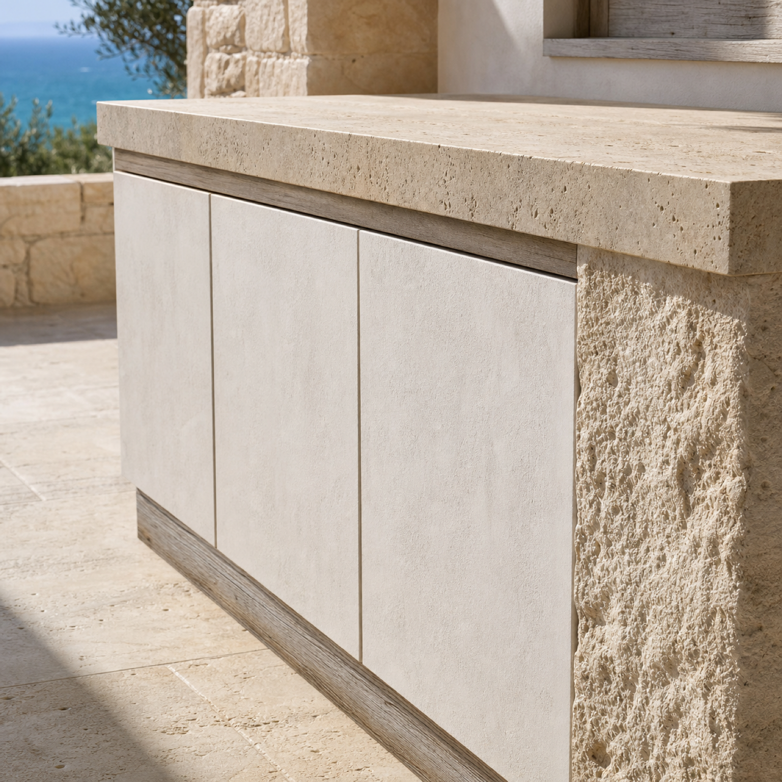 Fadior Vantage Outdoor Kitchen Suite with Limestone Tide Service Run — close-up of stainless steel finish and hardware detail