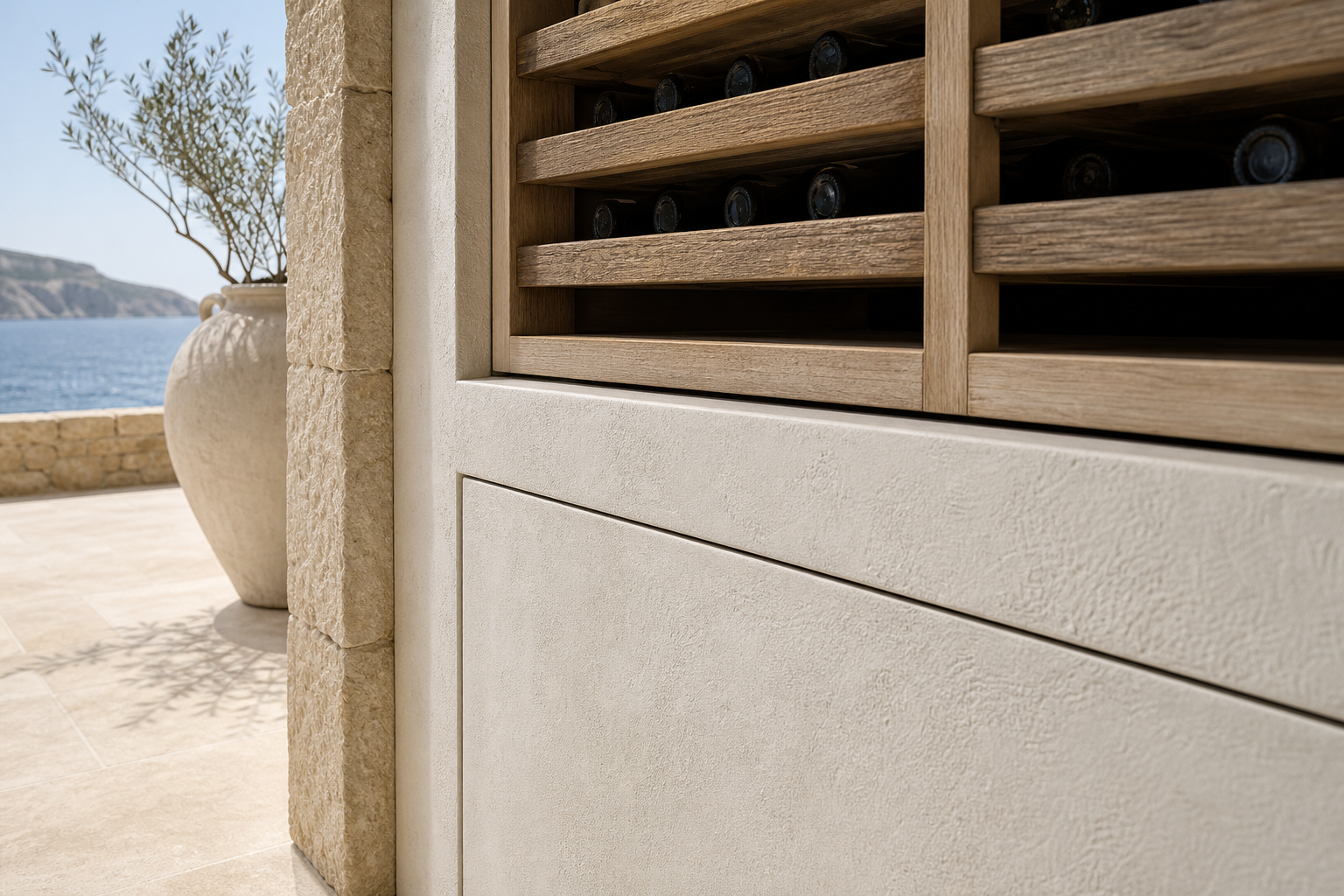 Fadior Grotto Wine Cabinet Suite with Moonstone Chilled Larder Wall — close-up of stainless steel finish and hardware detail