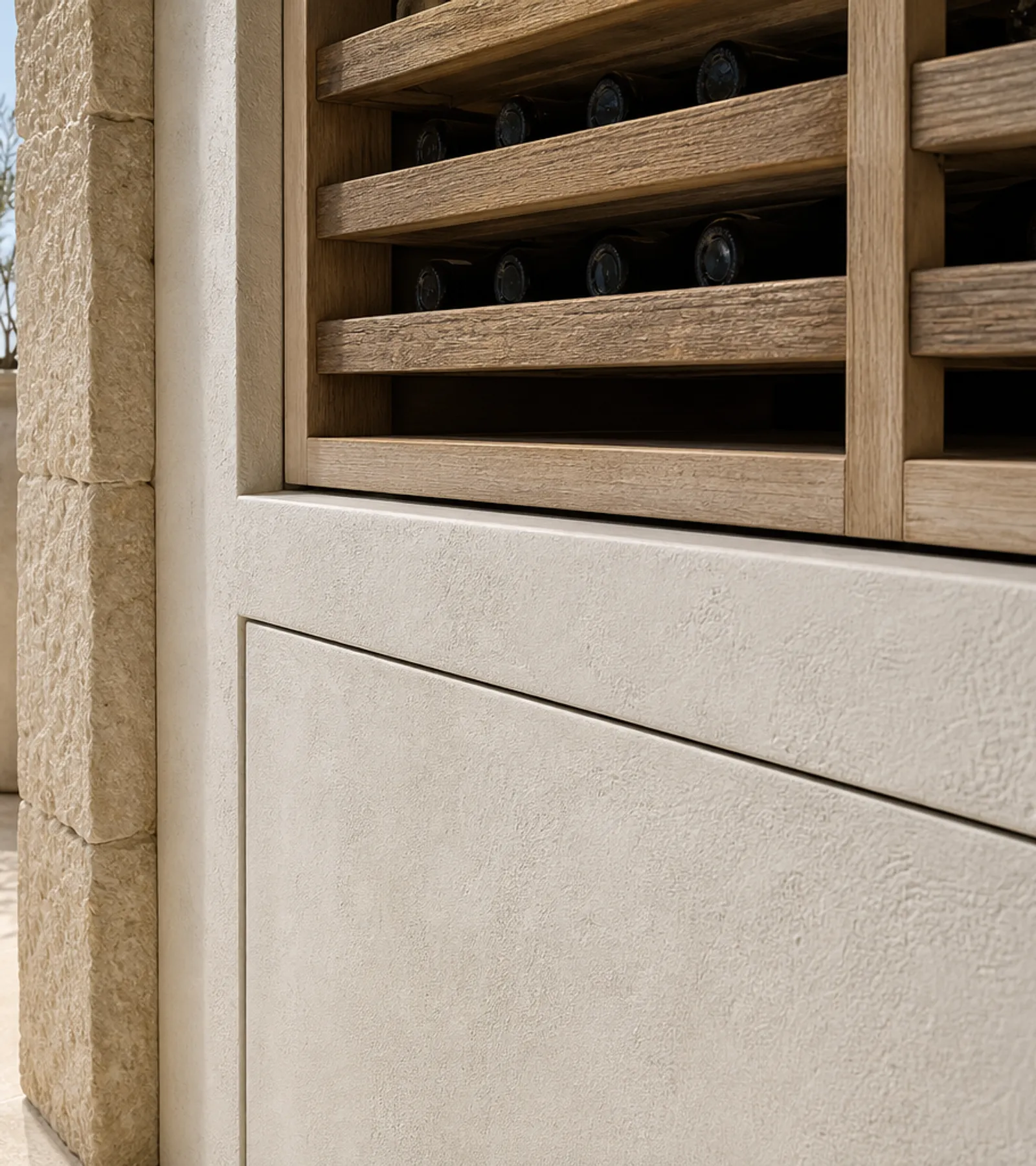 Fadior Grotto Wine Cabinet Suite with Moonstone Chilled Larder Wall — close-up of stainless steel finish and hardware detail