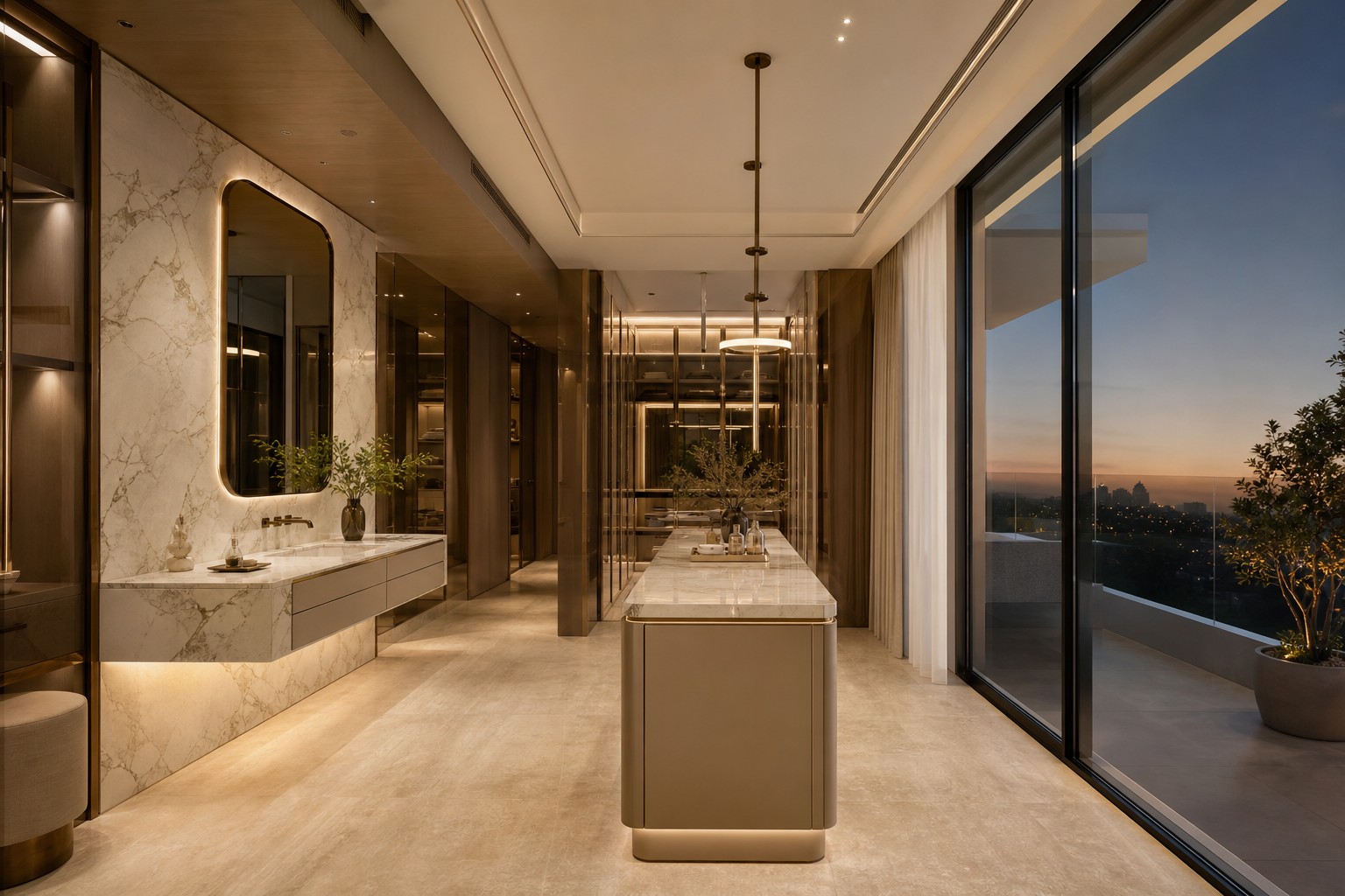 Fadior Abu Dhabi Garden Courtyard Villa — marble vanity, wardrobe cabinets, travertine floor, glass balcony, dusk skyline