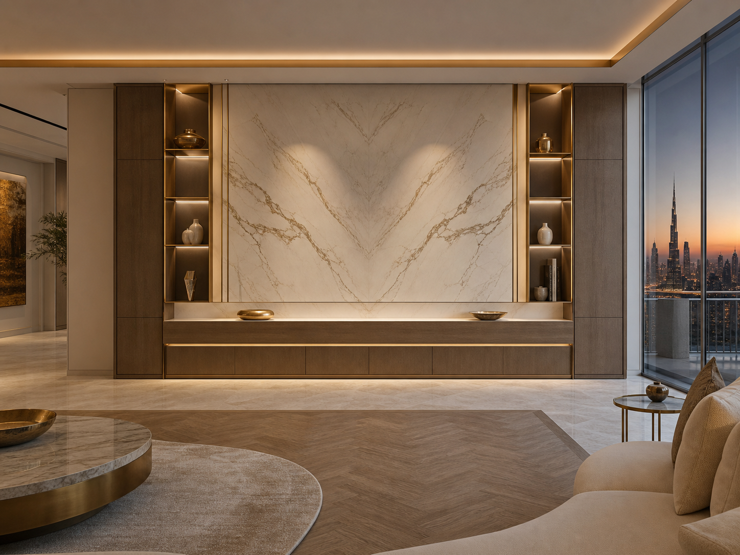Fadior Veneto Living Room Suite with Shadowline Gallery Console — interior room context showing cabinet integration