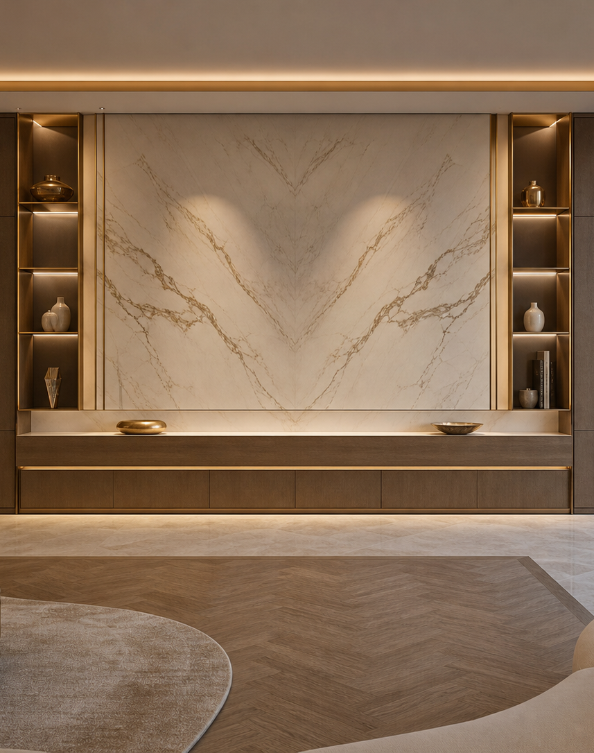 Fadior Veneto Living Room Suite with Shadowline Gallery Console — interior room context showing cabinet integration