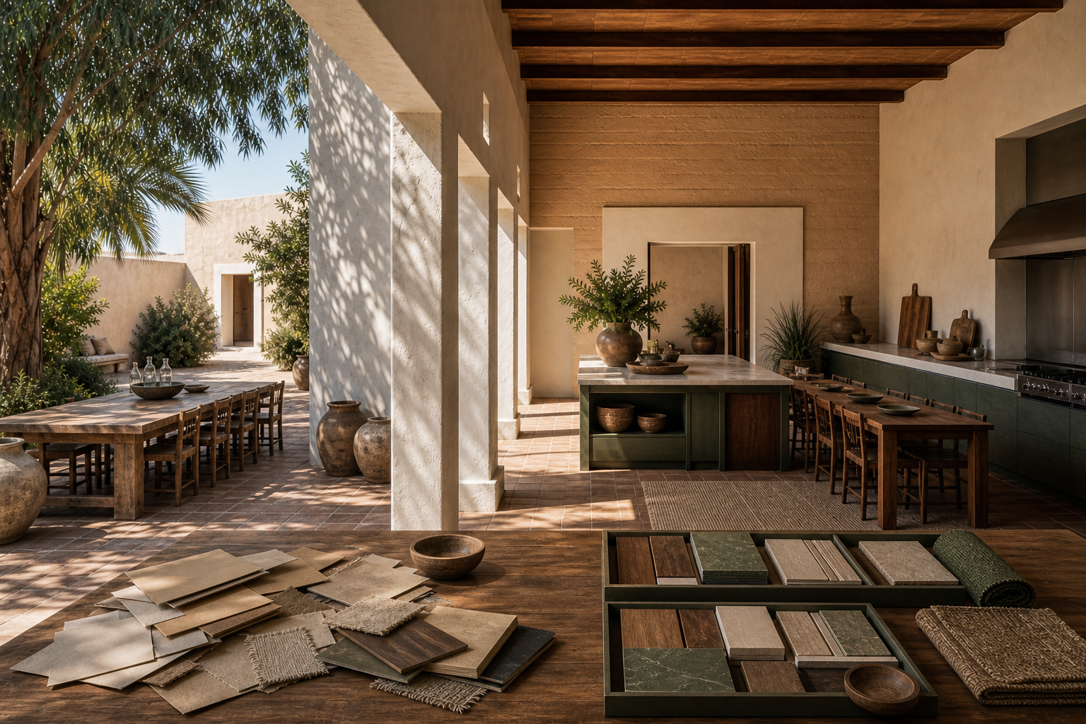 Decision comparison scene: loose inspiration materials beside organized handoff trays in a courtyard kitchen.