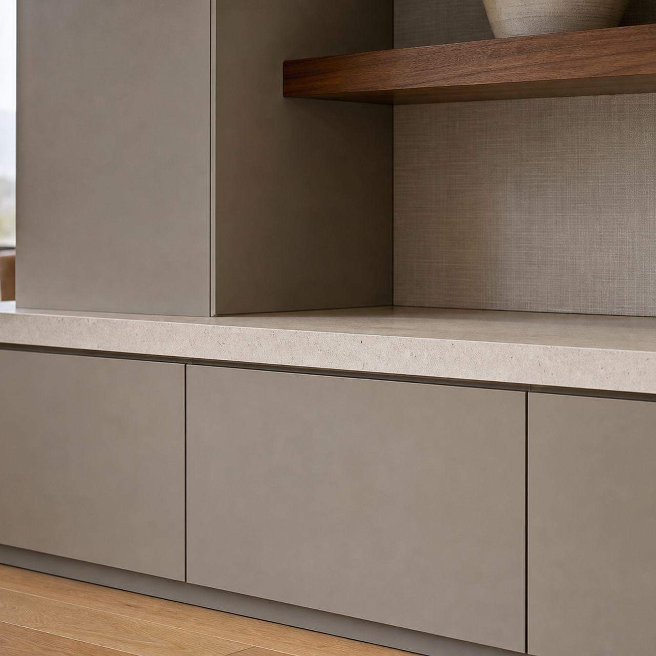 Suite Zenith para salón con nicho de medios y jardinera de patio acabado y detalle
