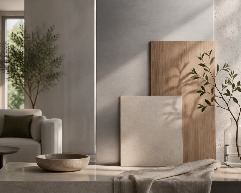 Material mood study: brushed 304 stainless steel, pale stone, warm oak, and soft daylight for a healthy-home interior.