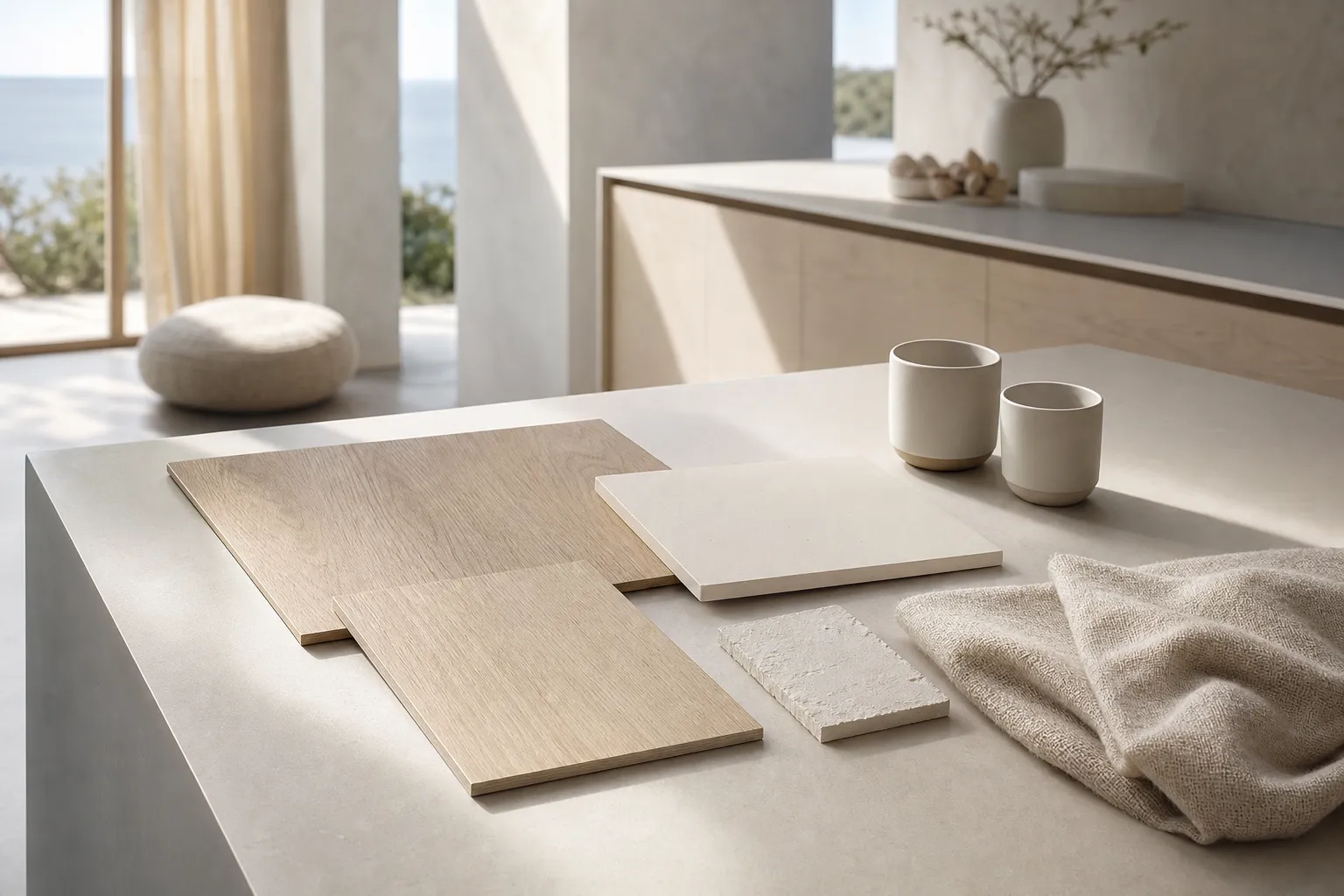 Kitchen material study with blond ash veneer, pale counters, and matte ceramic for specification choice.