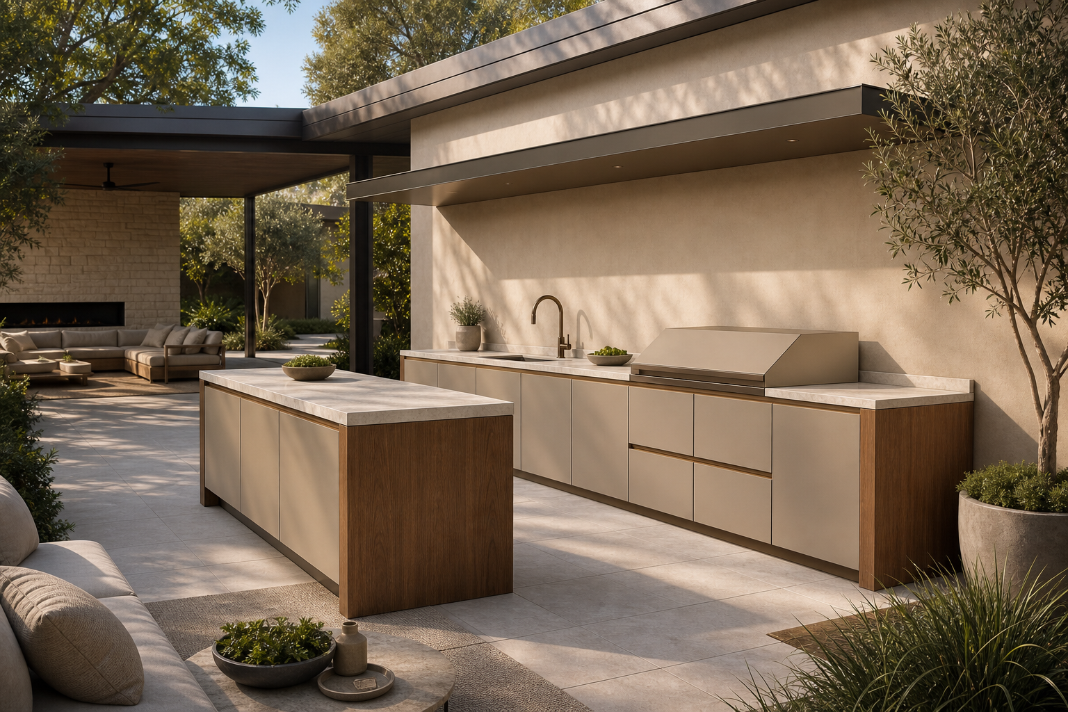 Fadior Vantage Outdoor Kitchen Suite with Pavilion Prep Wall — interior room context showing cabinet integration