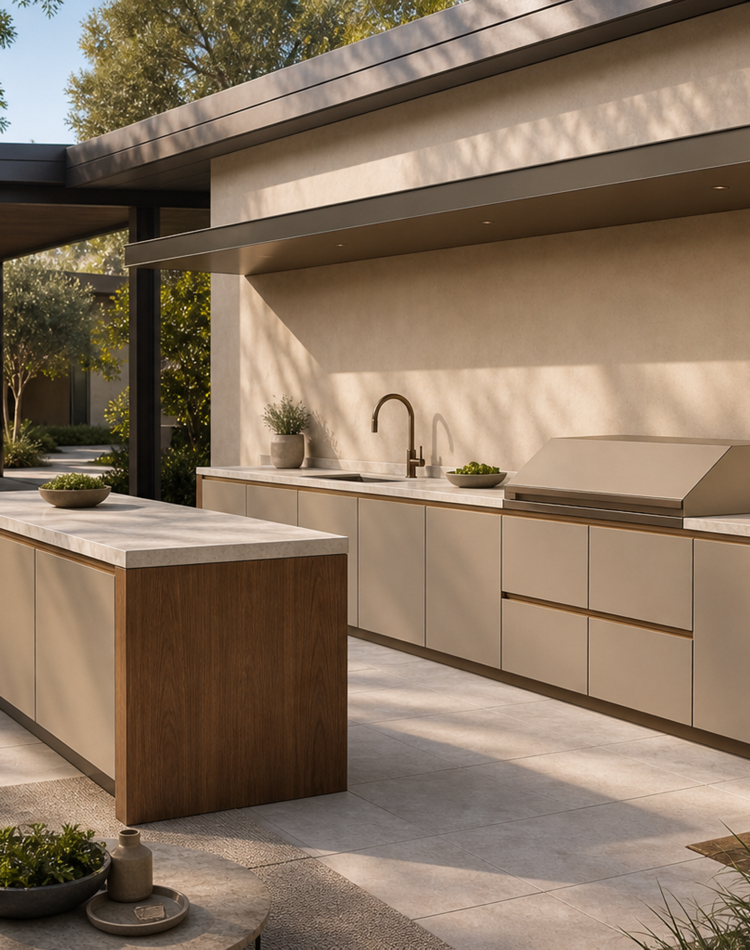Fadior Vantage Outdoor Kitchen Suite with Pavilion Prep Wall — interior room context showing cabinet integration