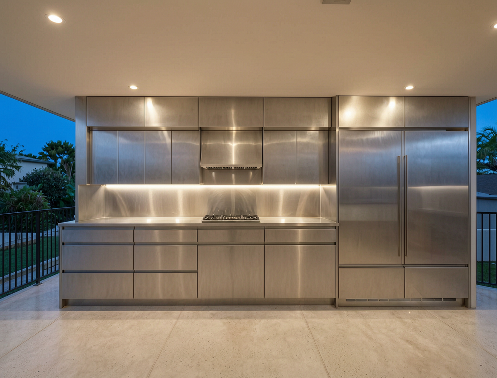 Bead-Blasted Matte Finish applied in luxury residential outdoor kitchen cabinet doors and balcony cabinets