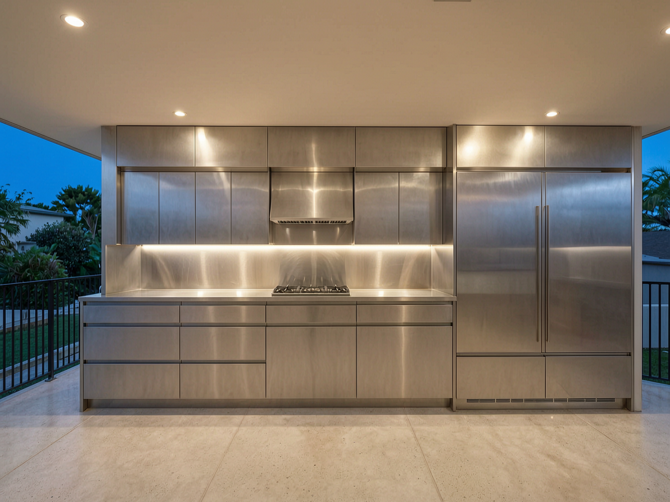 Bead-Blasted Matte Finish applied in luxury residential outdoor kitchen cabinet doors and balcony cabinets