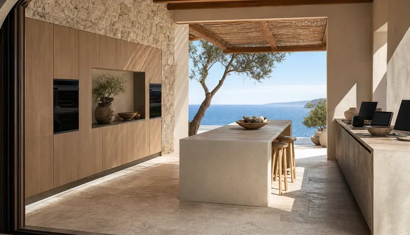 Mediterranean kitchen atmosphere with limestone walls, teak fronts, and sea light for reliability planning. — 304 stainless steel cabinetry editorial by Fadior