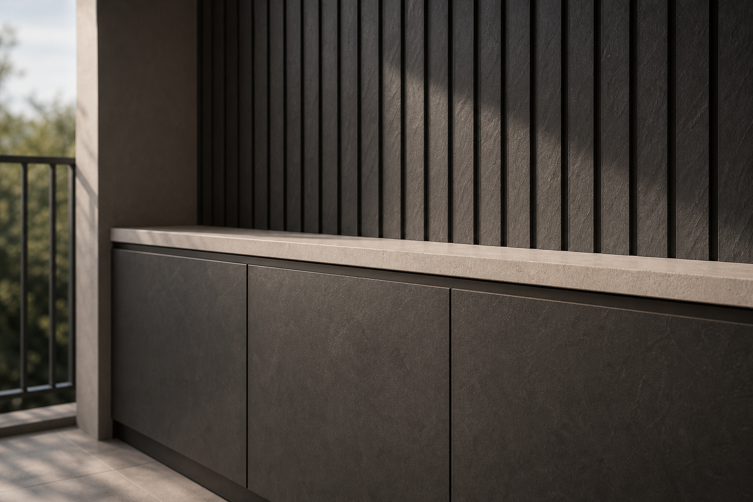 Fadior Dusk Balcony Suite with Slate Utility Screen — close-up of stainless steel finish and hardware detail