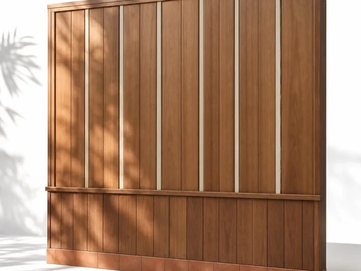 Fadior Miroir Wall Panel Suite with Ipe Courtyard Wainscot — 304 stainless steel wall panel system, front view