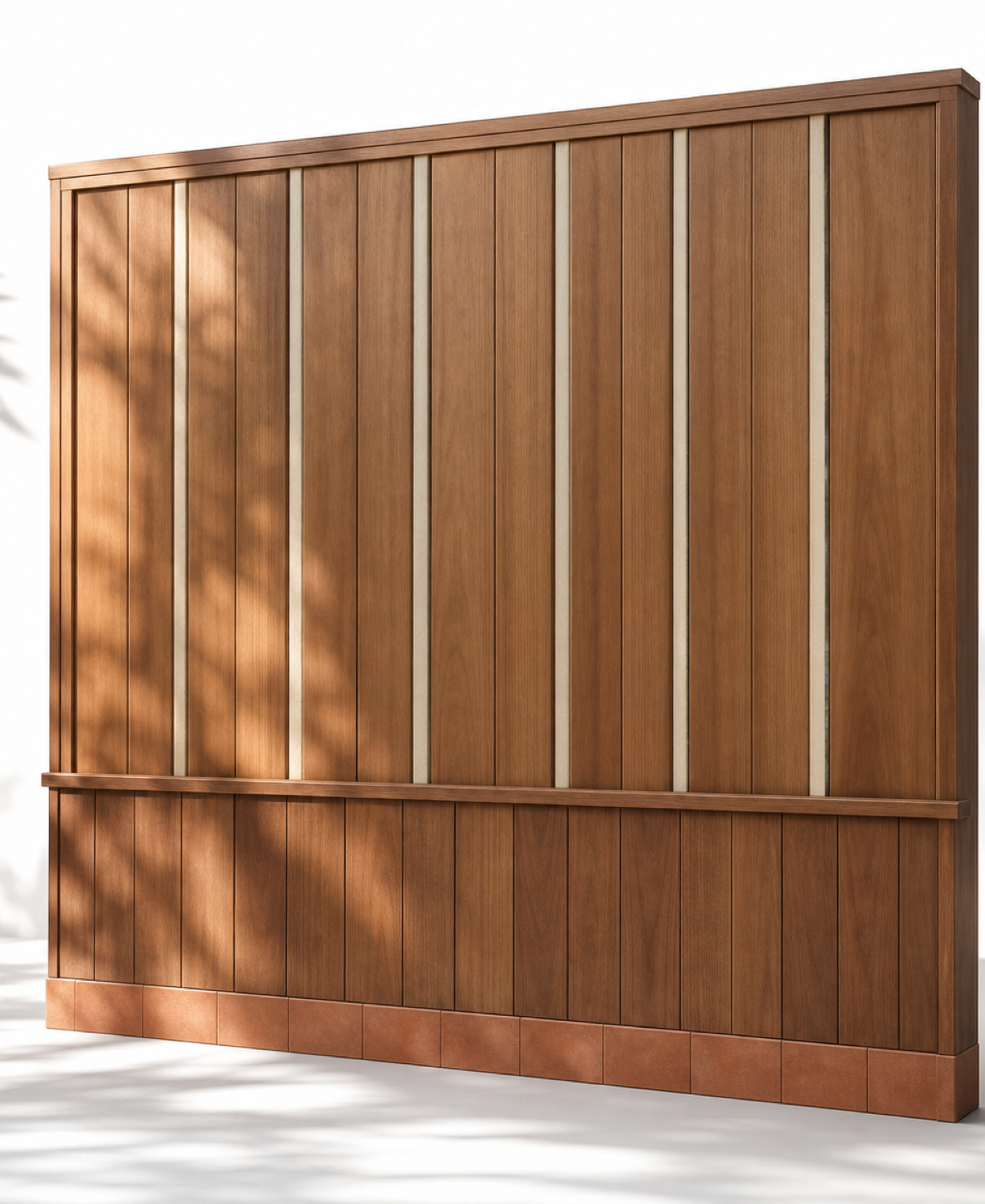Fadior Miroir Wall Panel Suite with Ipe Courtyard Wainscot — 304 stainless steel wall panel system, front view