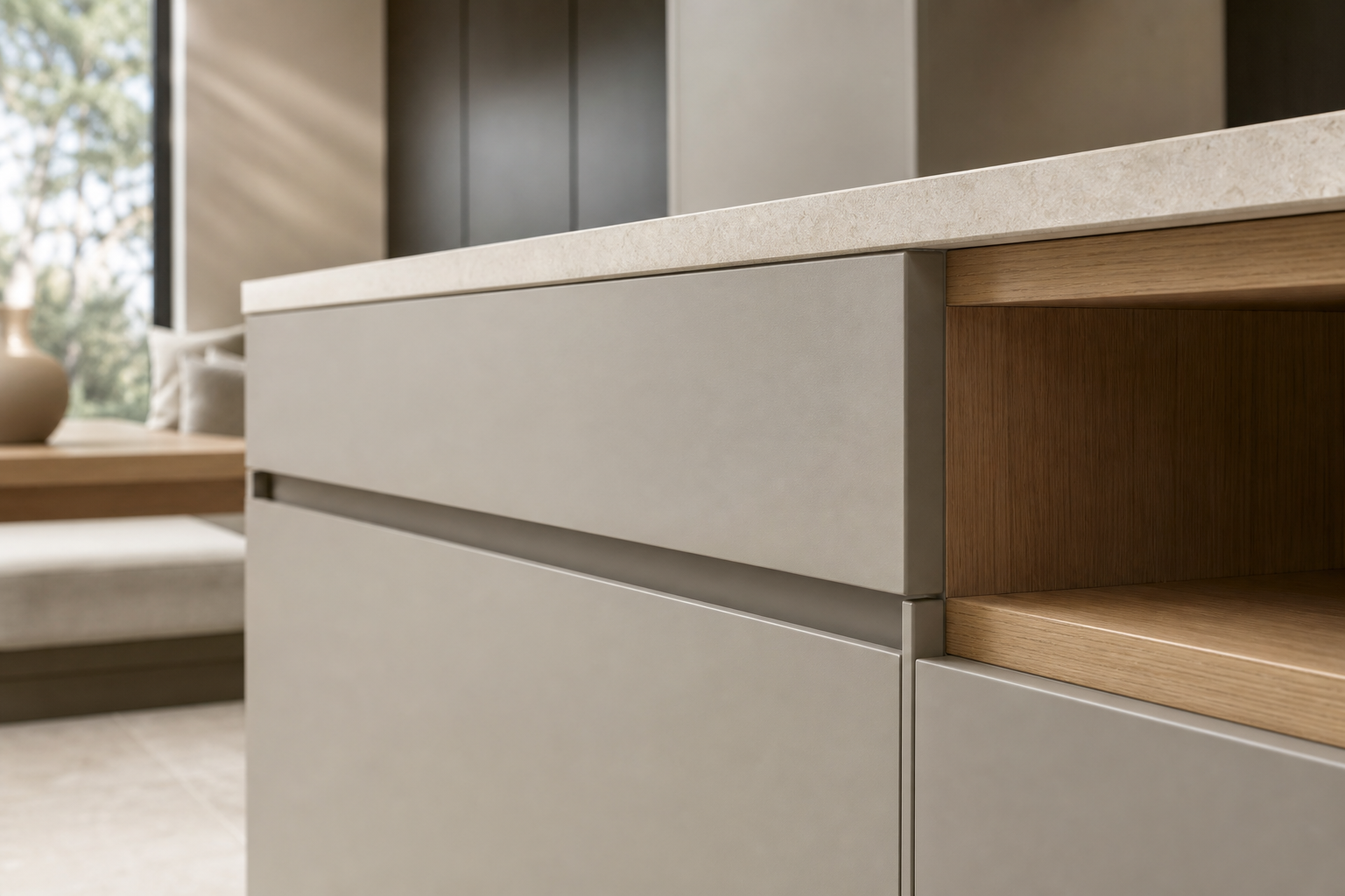 Fadior Pavilion Kitchen Suite with Panel-Less Service Threshold — close-up of stainless steel finish and hardware detail