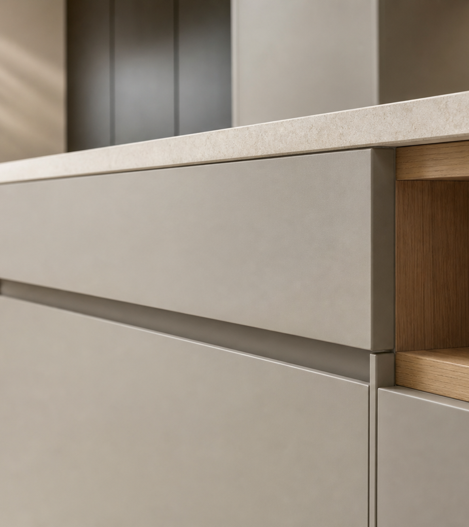 Fadior Pavilion Kitchen Suite with Panel-Less Service Threshold — close-up of stainless steel finish and hardware detail