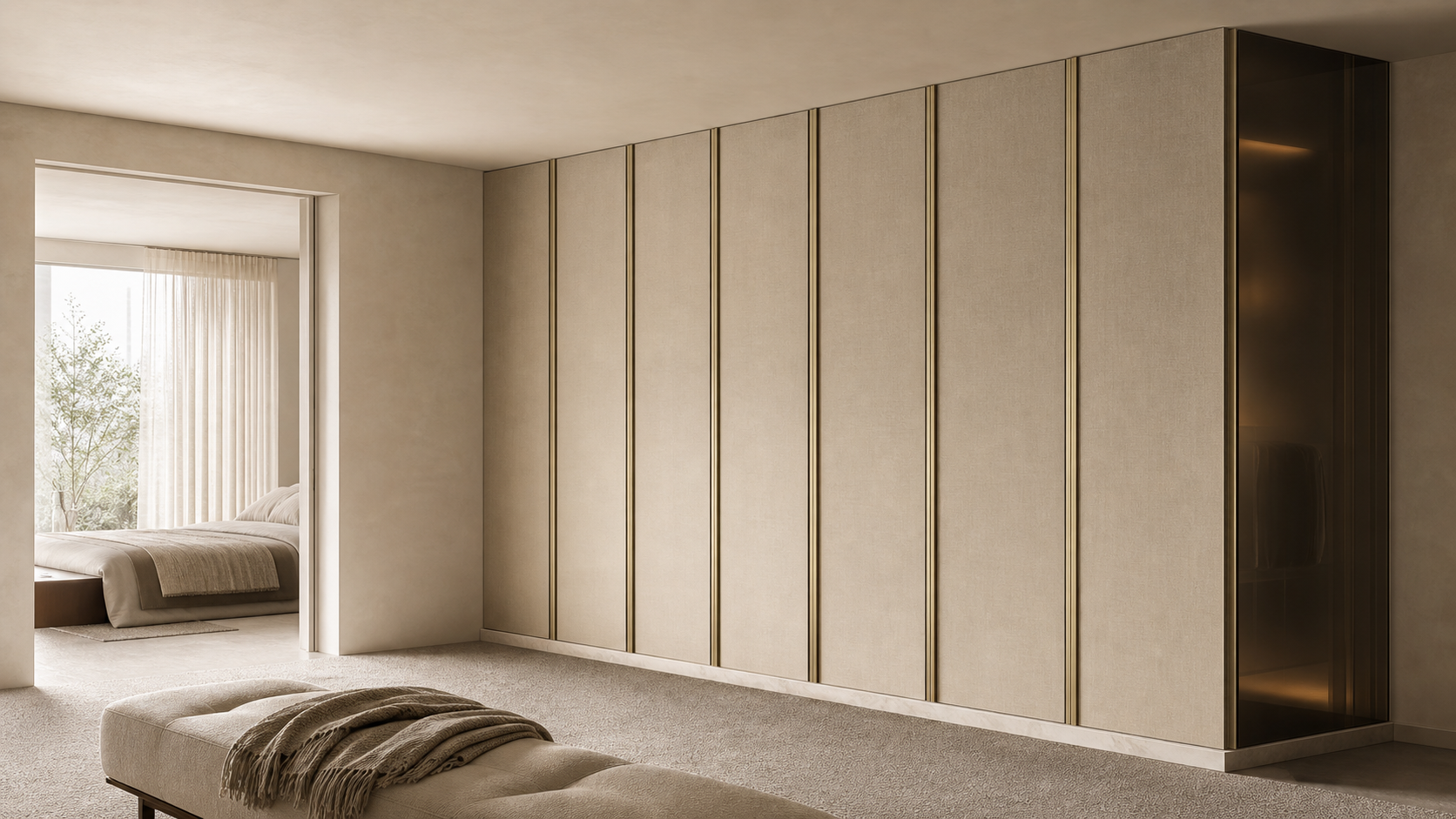 Fadior Resonance Wardrobe Suite with Linen Pivot Dressing Wall — lifestyle setting with natural light and residential styling