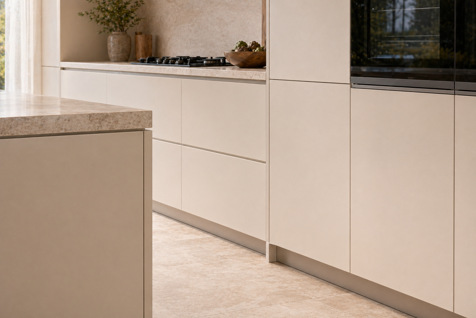 Fadior Dream Home Kitchen Suite with Frameless Pearl Utility Spine — close-up of stainless steel finish and hardware detail