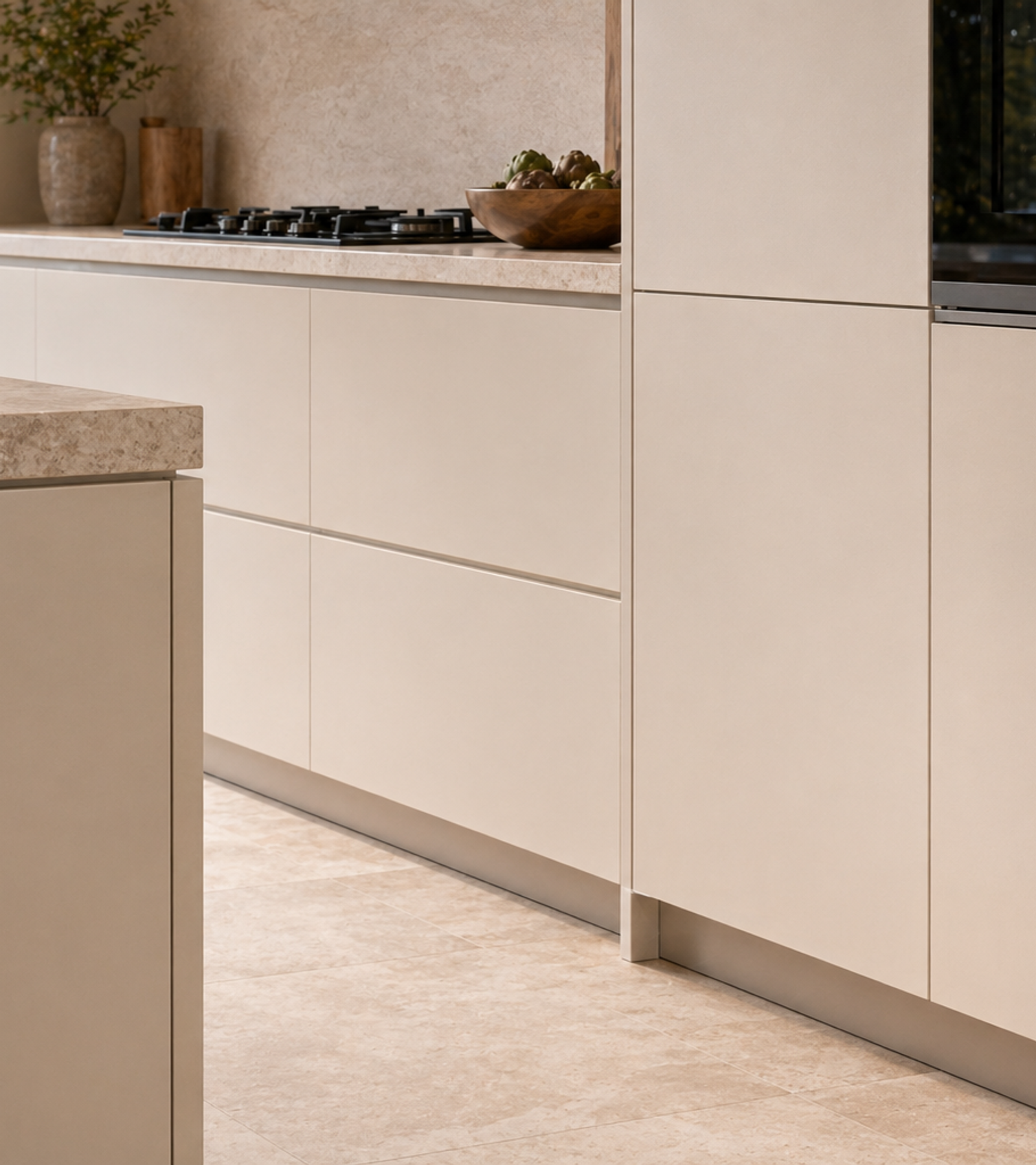 Fadior Dream Home Kitchen Suite with Frameless Pearl Utility Spine — close-up of stainless steel finish and hardware detail