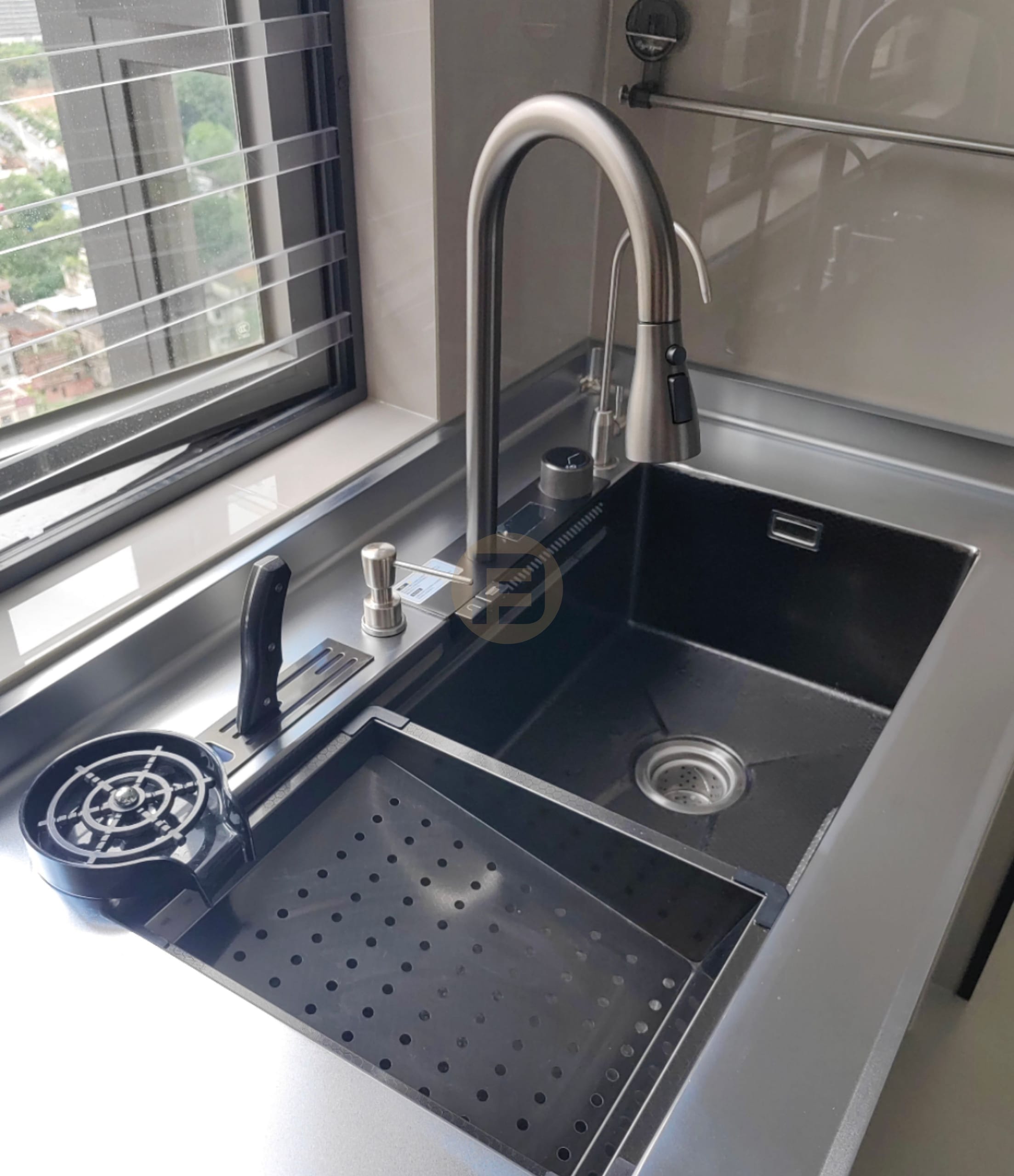 Black stainless steel sink with pull-down faucet, glass rinser, knife slot and integrated drainboard
