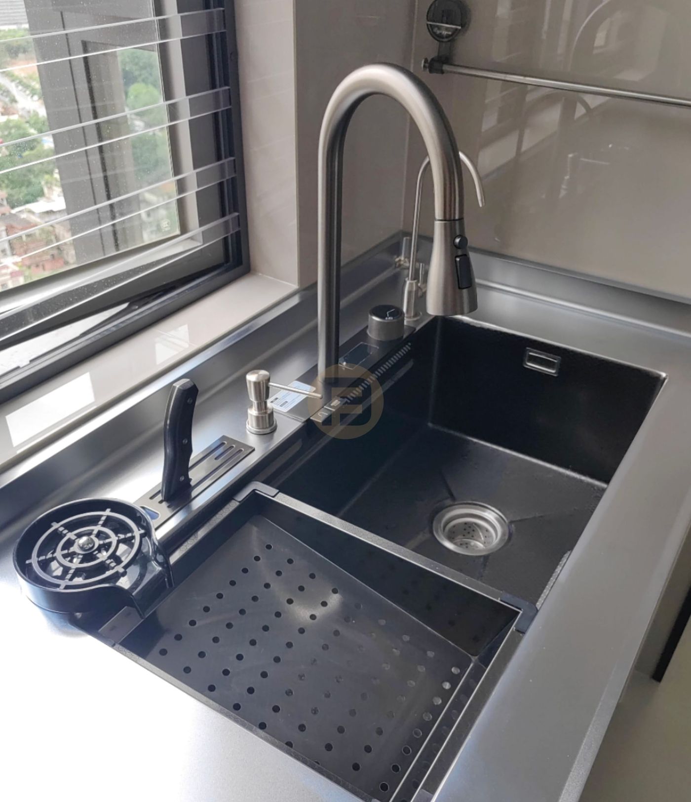 Black stainless steel sink with pull-down faucet, glass rinser, knife slot and integrated drainboard
