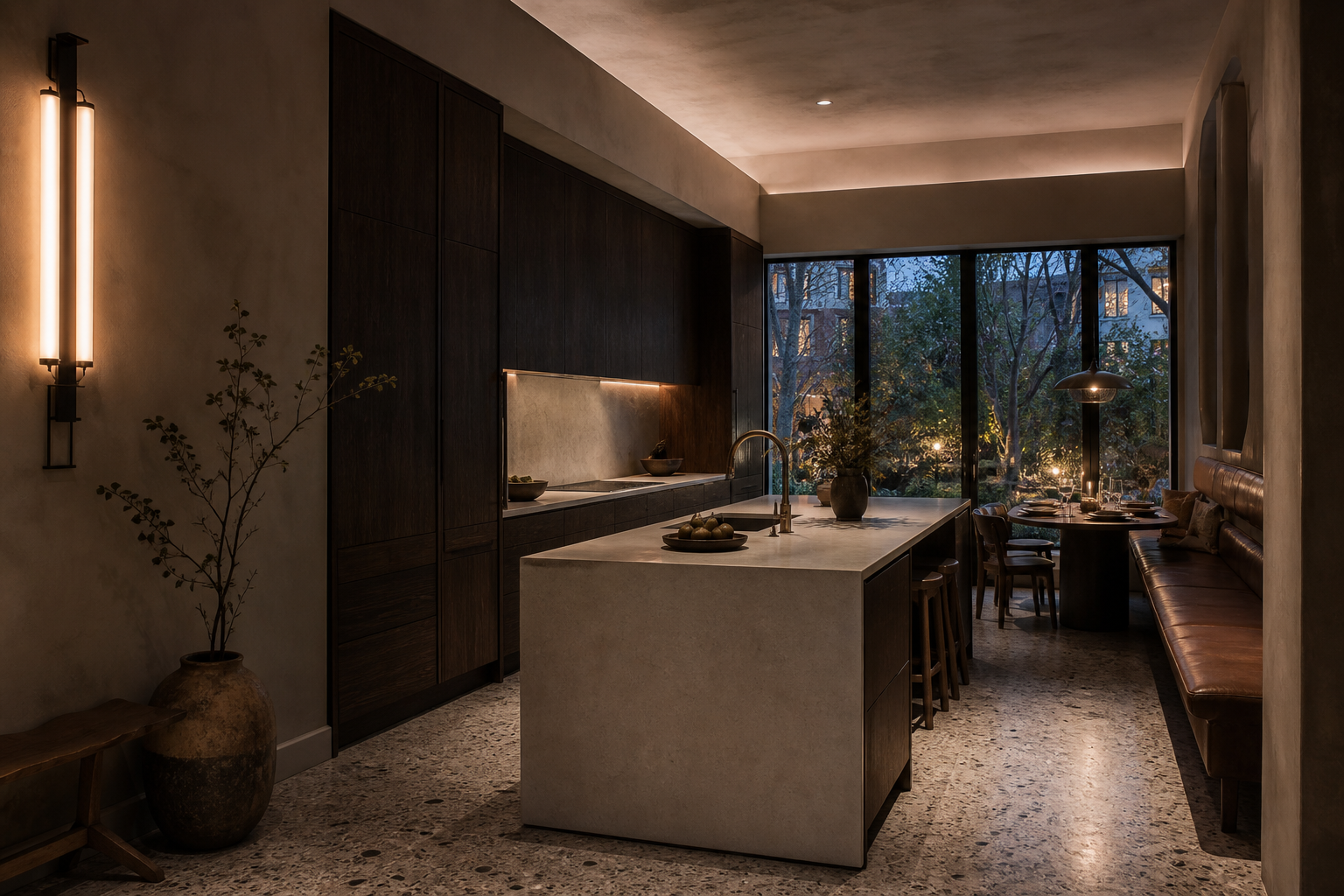 Fadior Washington DC 320 sqm Kitchen Villa — smoked oak cabinet wall, pale island counter, terrazzo floor, — 304 stainless steel cabinetry installation by Fadior