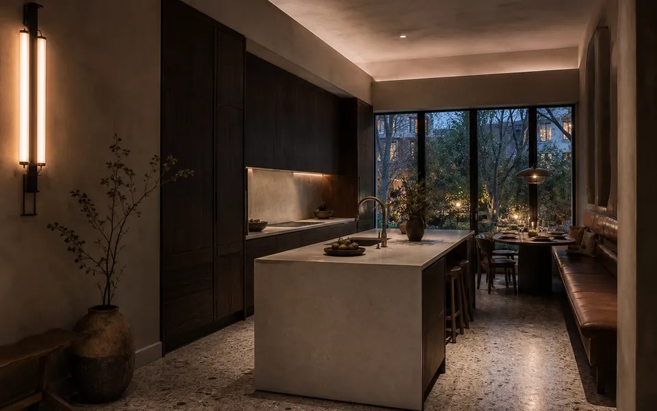 Fadior Washington DC 320 sqm Kitchen Villa — smoked oak cabinet wall, pale island counter, terrazzo floor, — 304 stainless steel cabinetry installation by Fadior