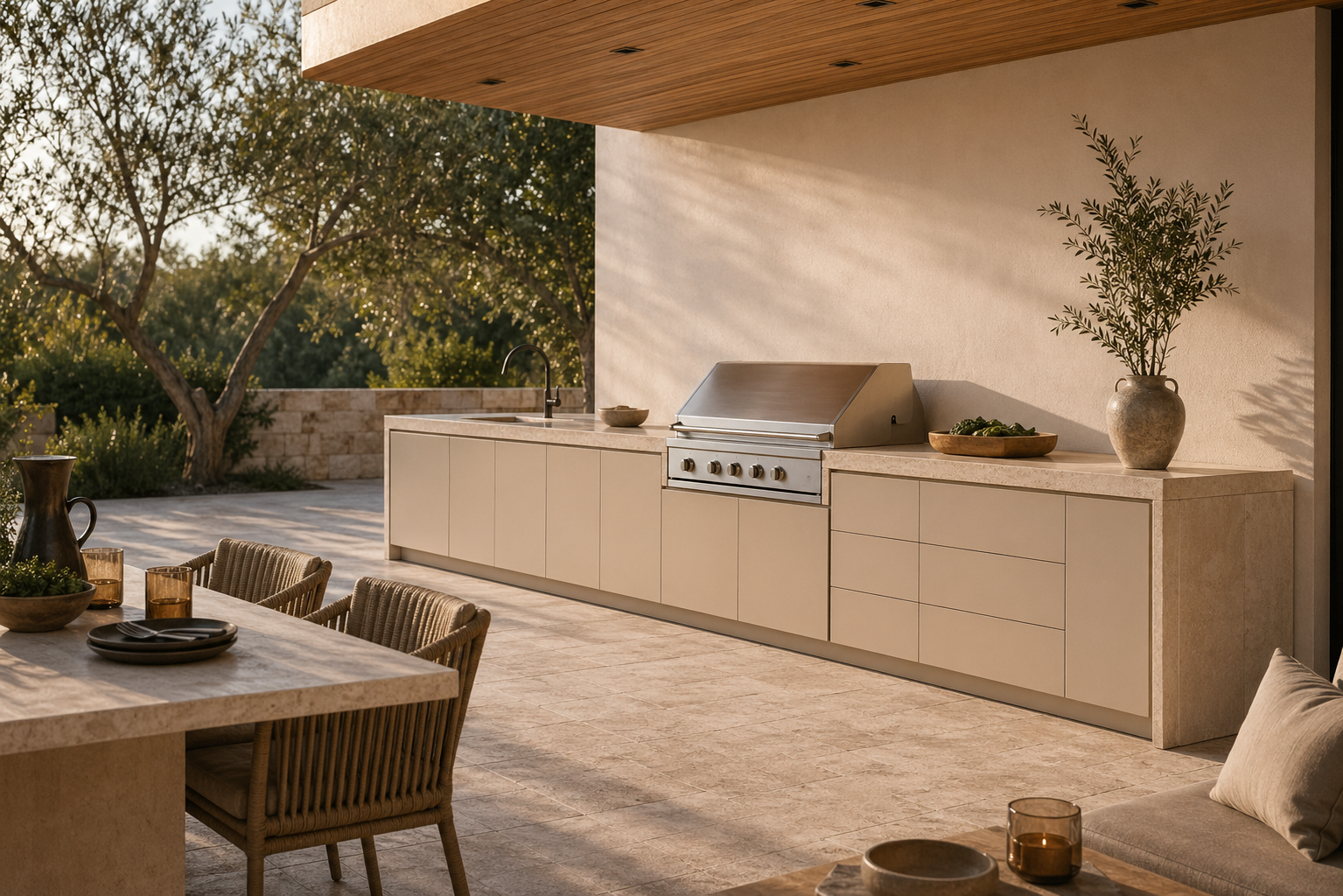 Fadior Horizon Outdoor Kitchen Suite with Travertine Courtyard Grill Line — lifestyle setting with natural light and residential styling